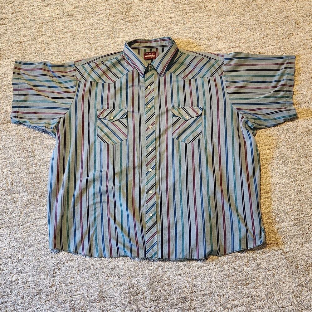Wrangler Shirt Mens 4X Big Blue Stripe Short Sleeve Pearl Snap Western Pockets